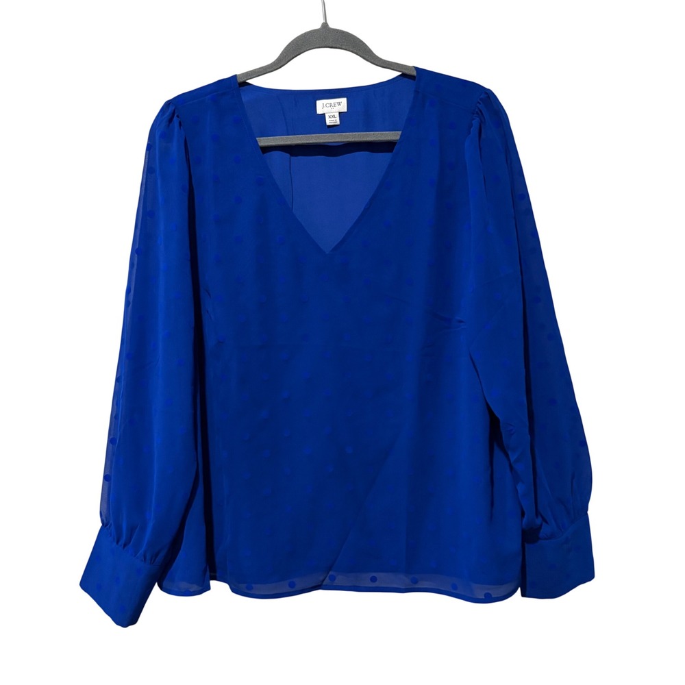 J.Crew Chiffon Dotted Top Women XXL Blue Flocked Velvet Polka Dot V-Neck Blouse